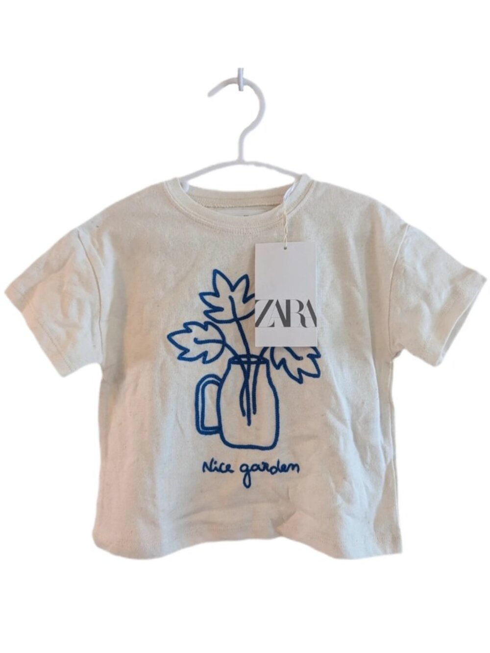 ZARA Toddler Girls Garden Blue Embroidered Speckled Cream Tee